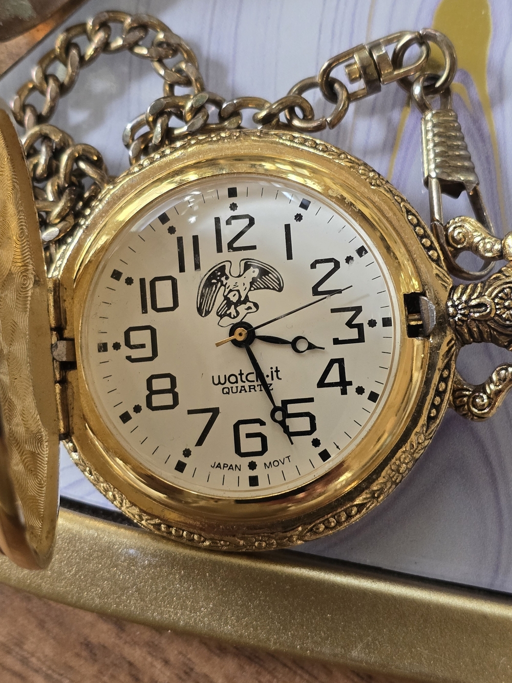 Gold Pocket Watch It Eagle  Quartz - Gold Finish Working Cond